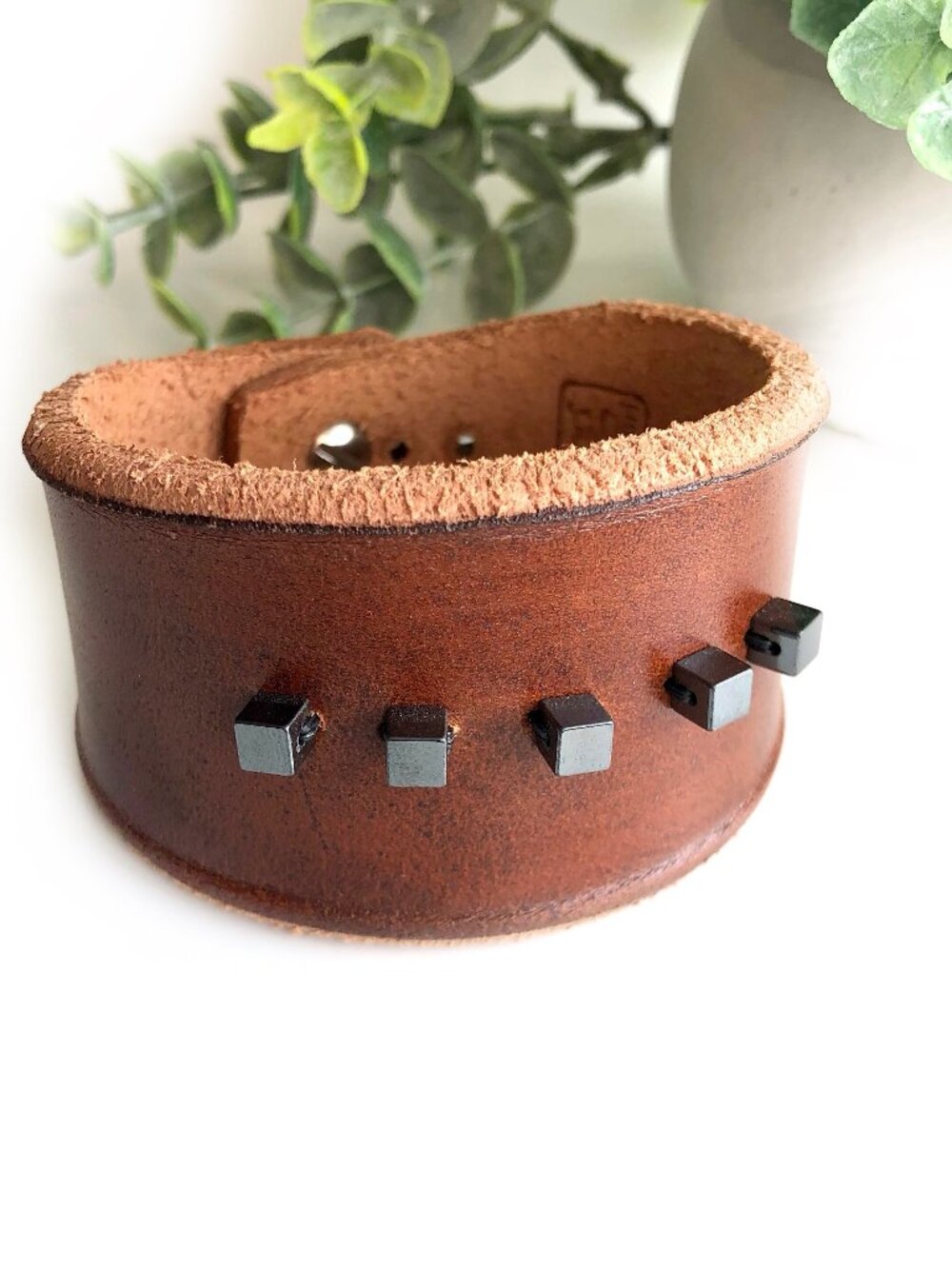 MishaGirl Handmade Genuine Leather Cuff Bracelet, Hematite Beads